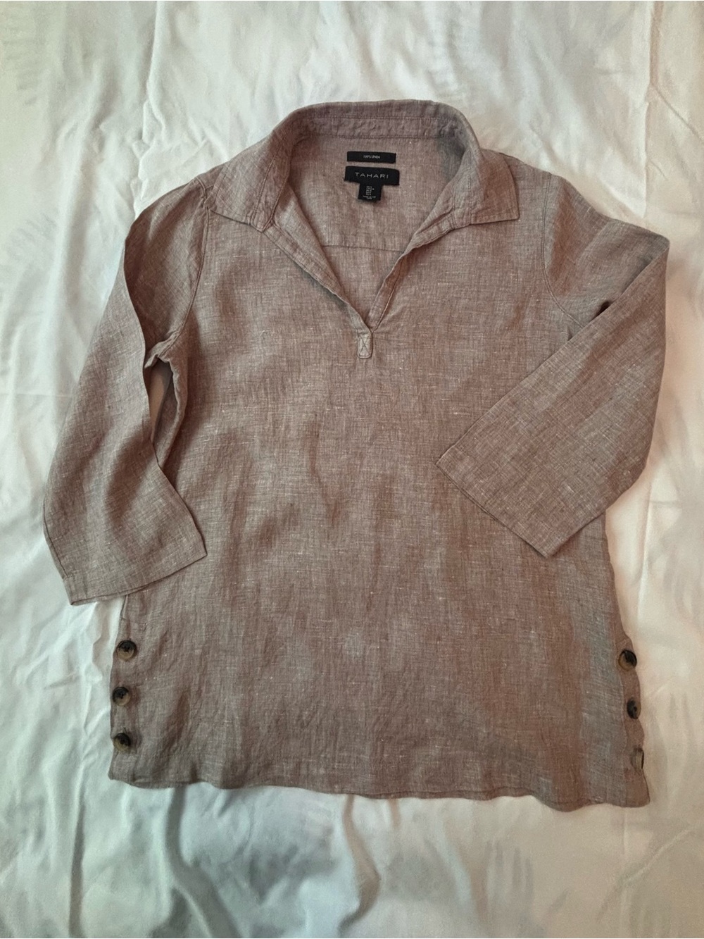 Lagenlook Luxe Tahari Linen Top in Light Taupe